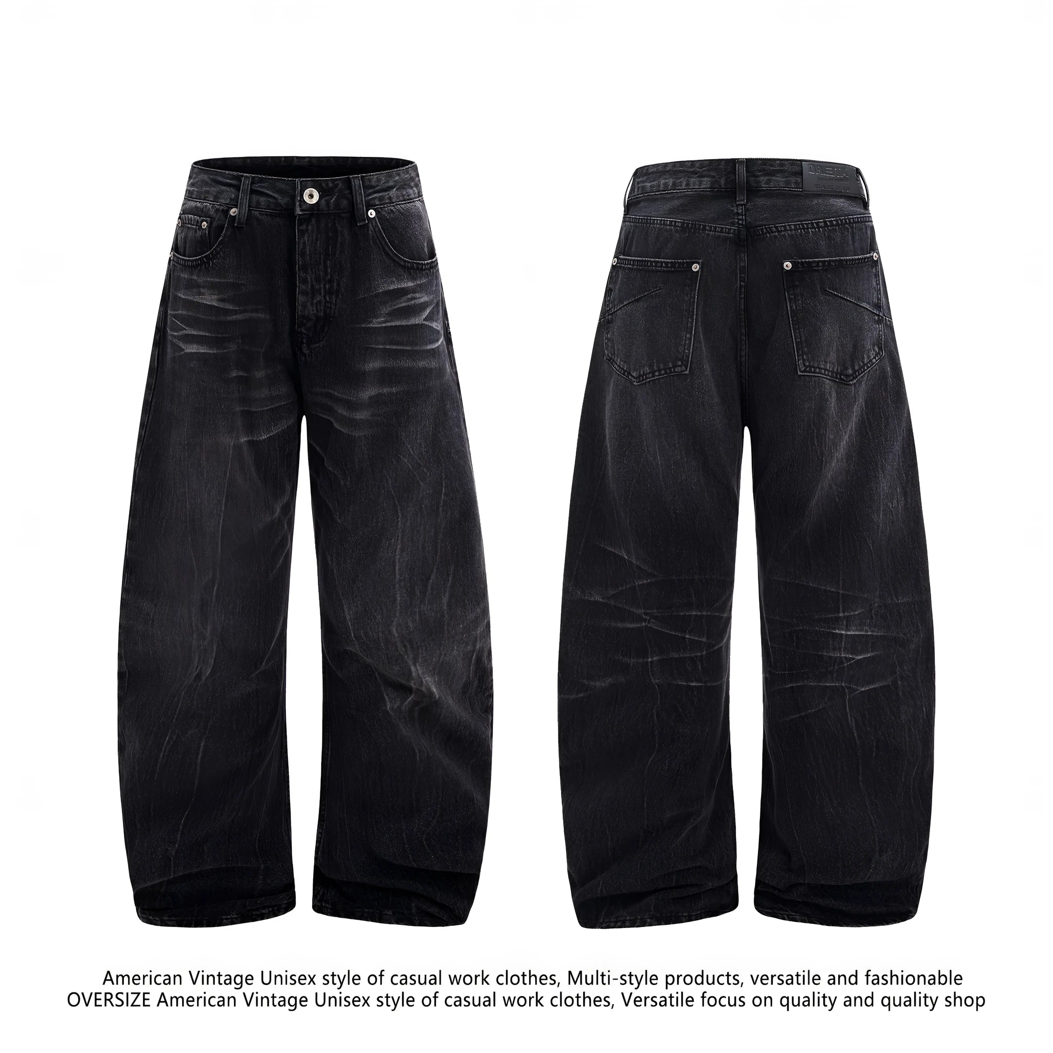 Men's black American washed straight leg jeans with old lightning crack detailing on a plain background