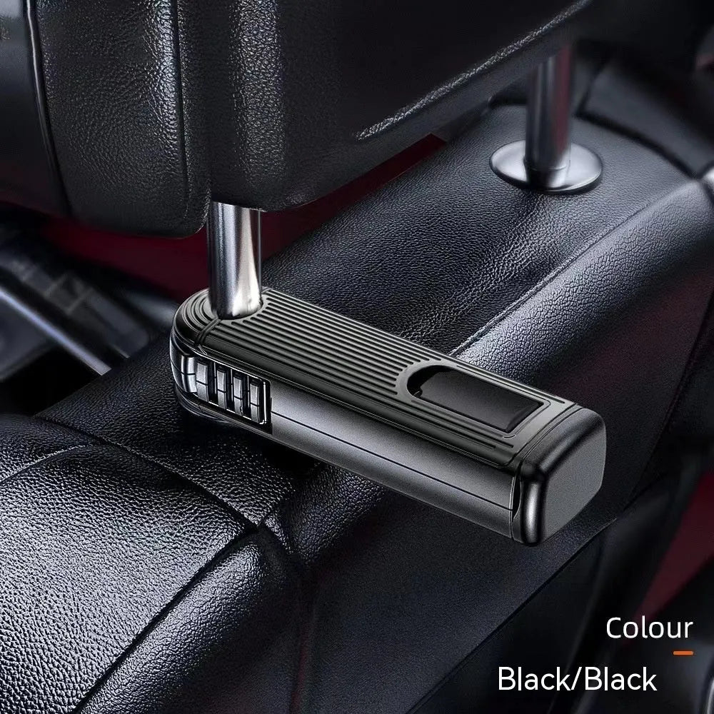 Car seat back rotating hook bracket for rear headrest vertical screen mount in black colour