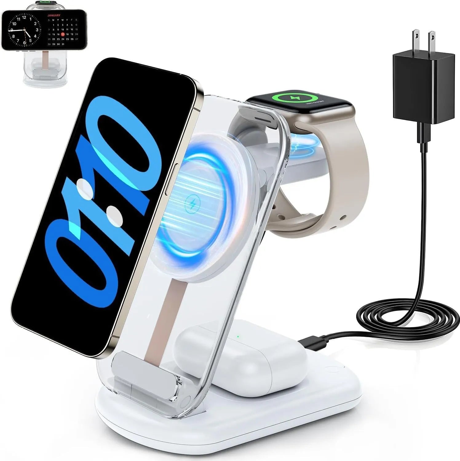 Transparent folding magnetic three-in-one wireless charger in black or white