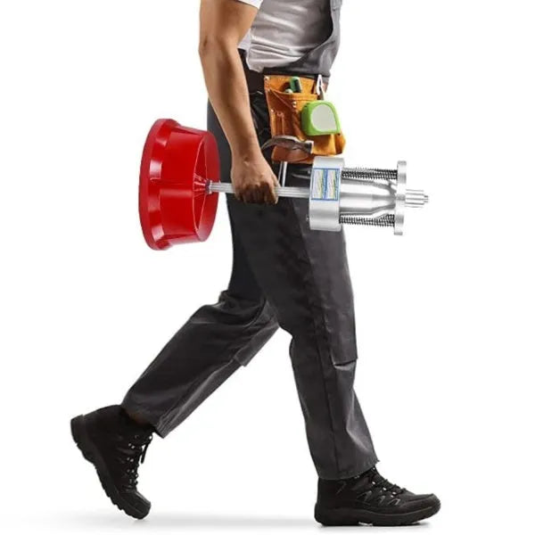 Portable aluminium hub wheel balancer with bull's eye level on a black enamel finished base.