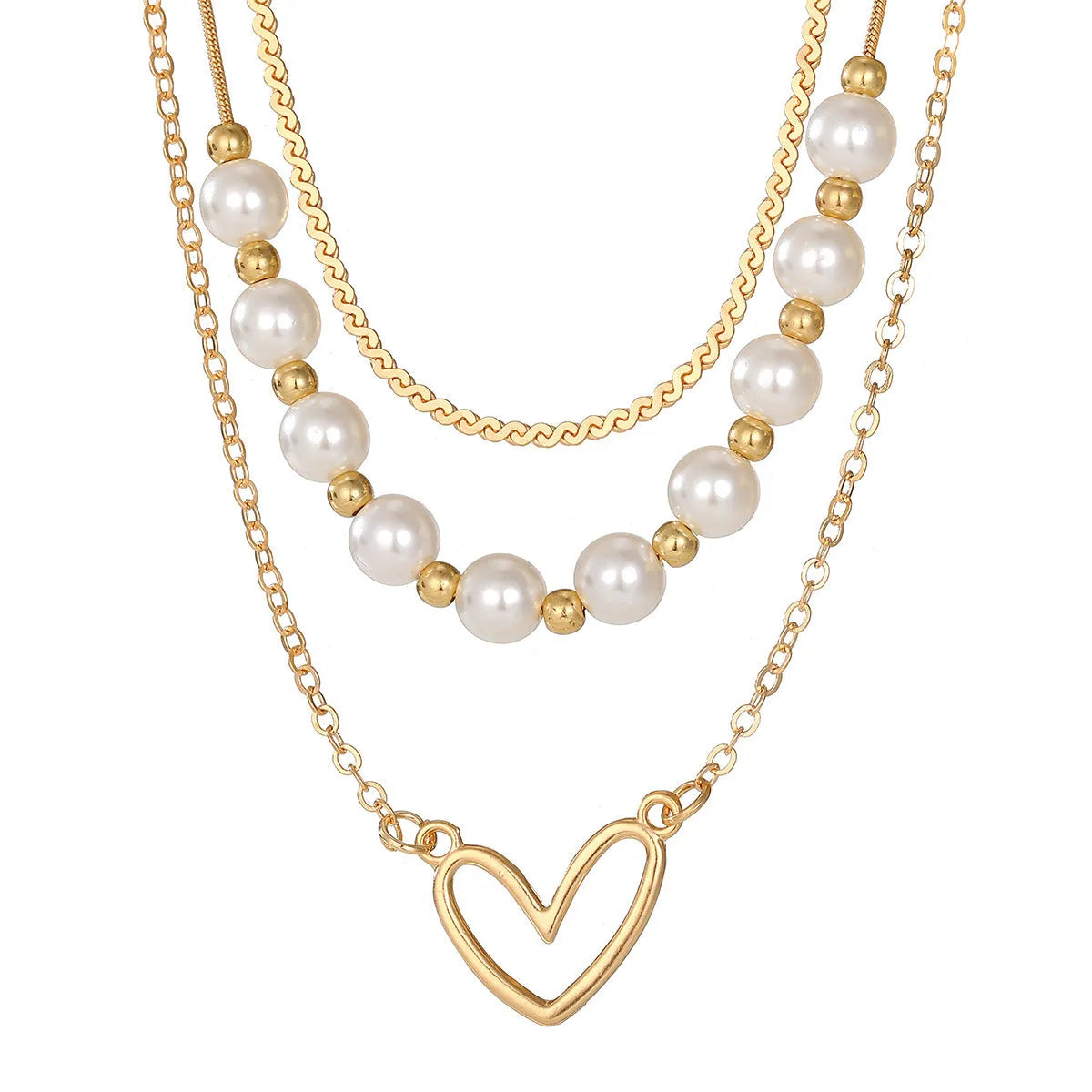 Vintage gold tone necklace with heart pendant on pearl chain, adjustable 41-50cm length