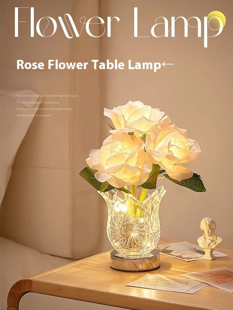 Modern crystal flowers table lamp with touch dimming control on wooden bedside table