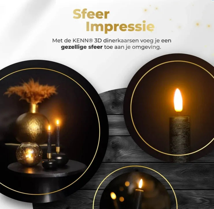 Set of four black plastic LED taper candles with realistic orange flickering flame effect