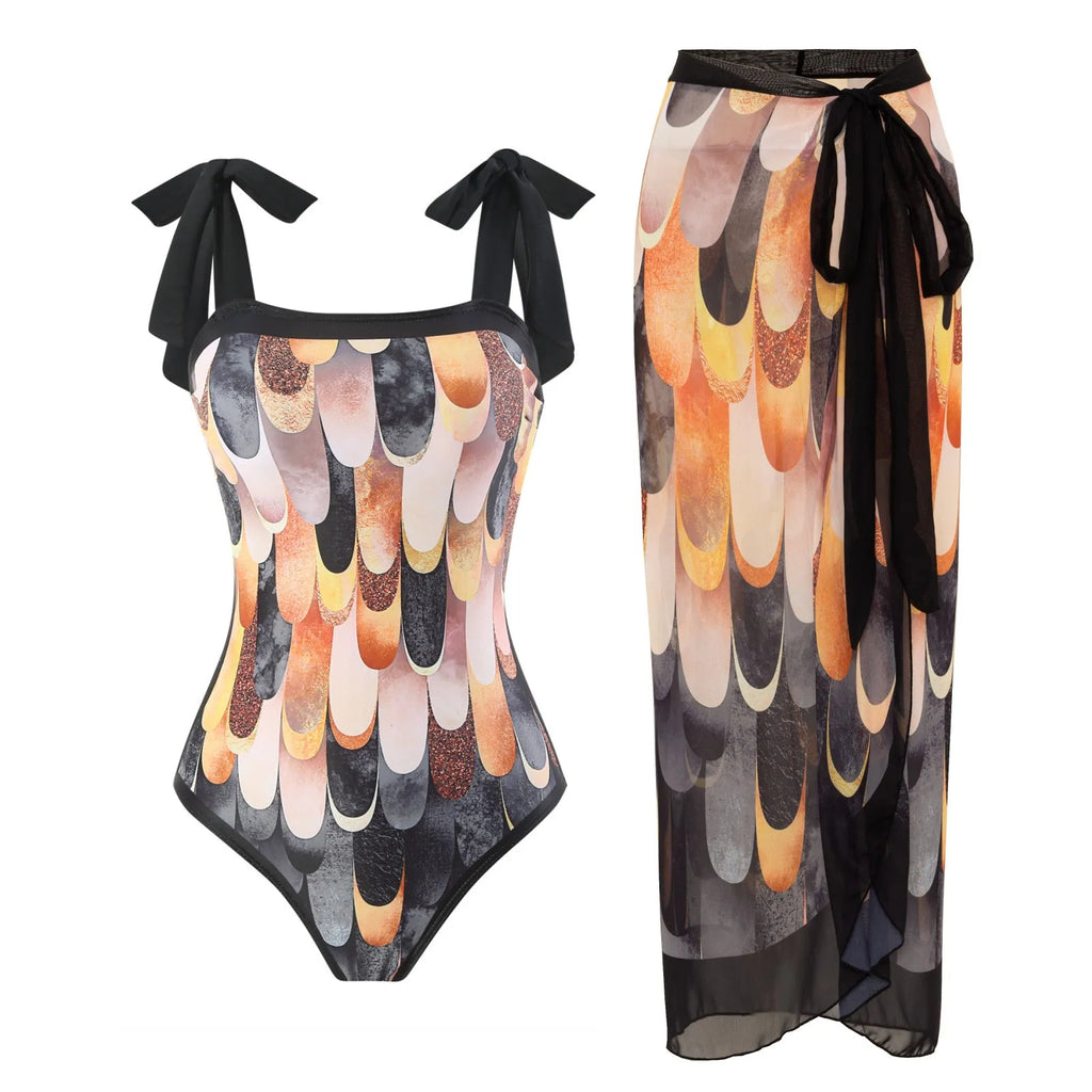 Women's retro one-piece swimsuit with chiffon skirt in floral pattern