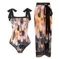 Women's retro one-piece swimsuit with chiffon skirt in floral pattern