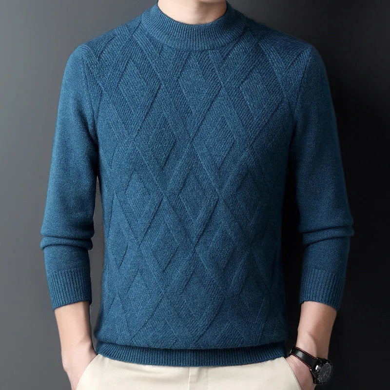 Men's thick diamond jacquard winter sweater in light camel colour, pullover style