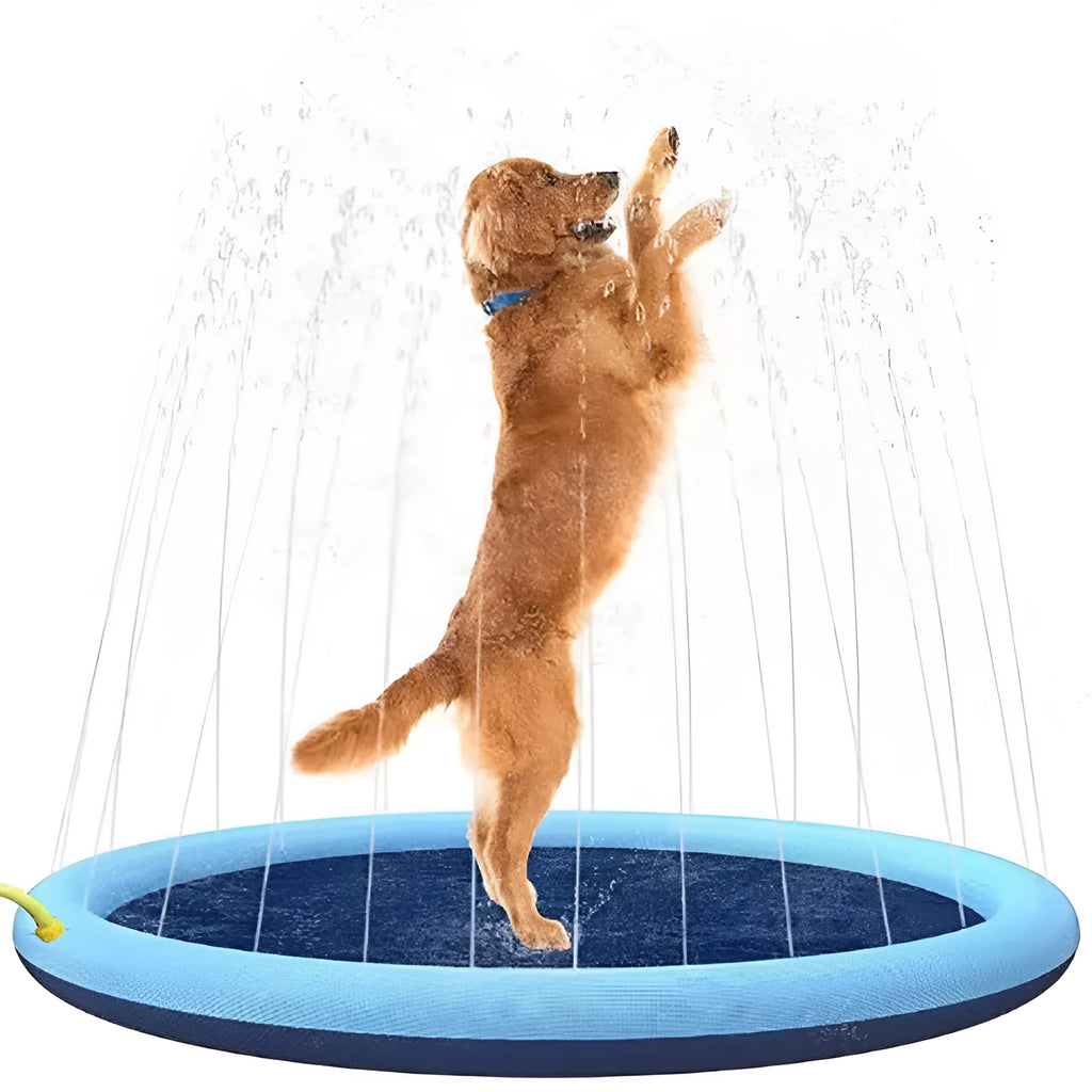 Inflatable blue dog splash pool mat with anti-slip texture, shown in a garden with a dog playing