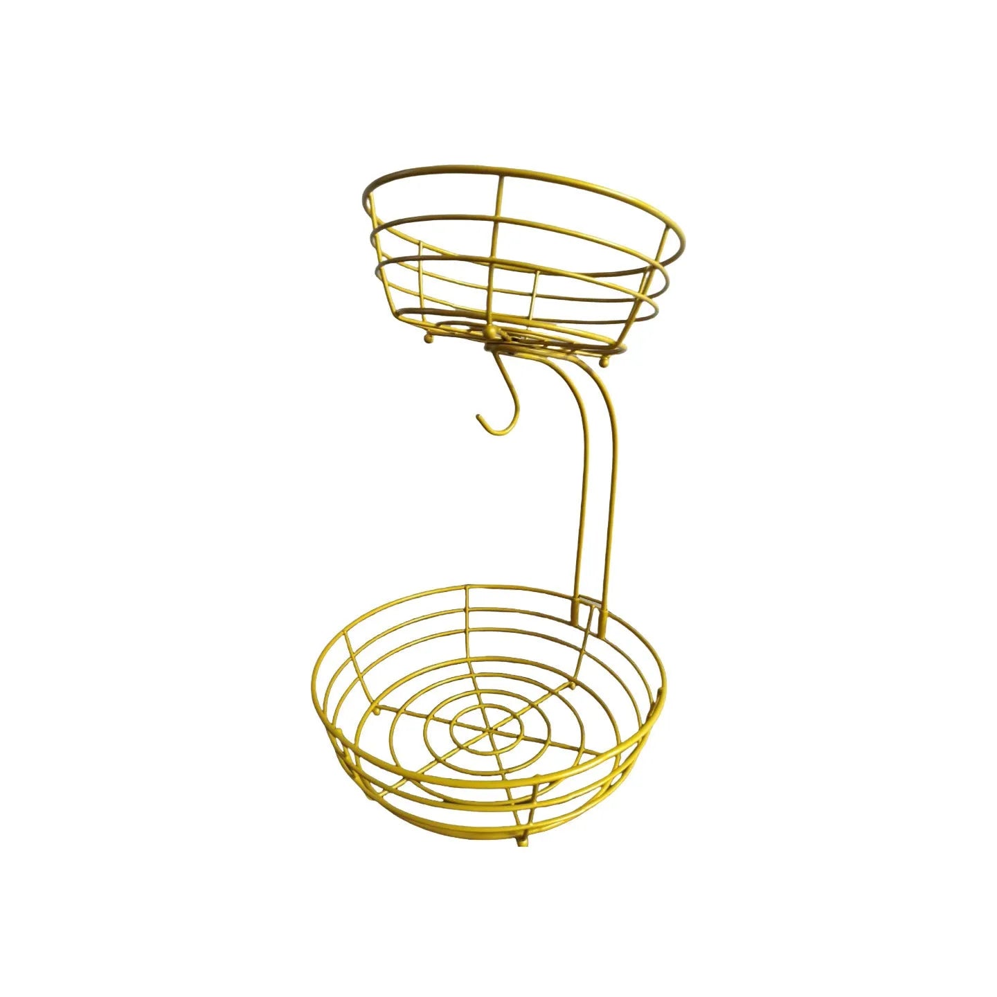 Double-layer black wrought iron fruit basket with open-weave design for produce storage