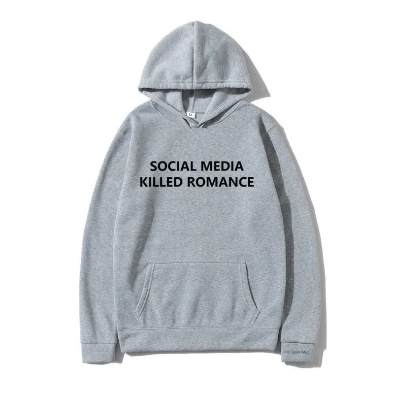 Men's slim-fit grey hoodie with a printed spring letter design on the front, featuring a hood and long sleeves.