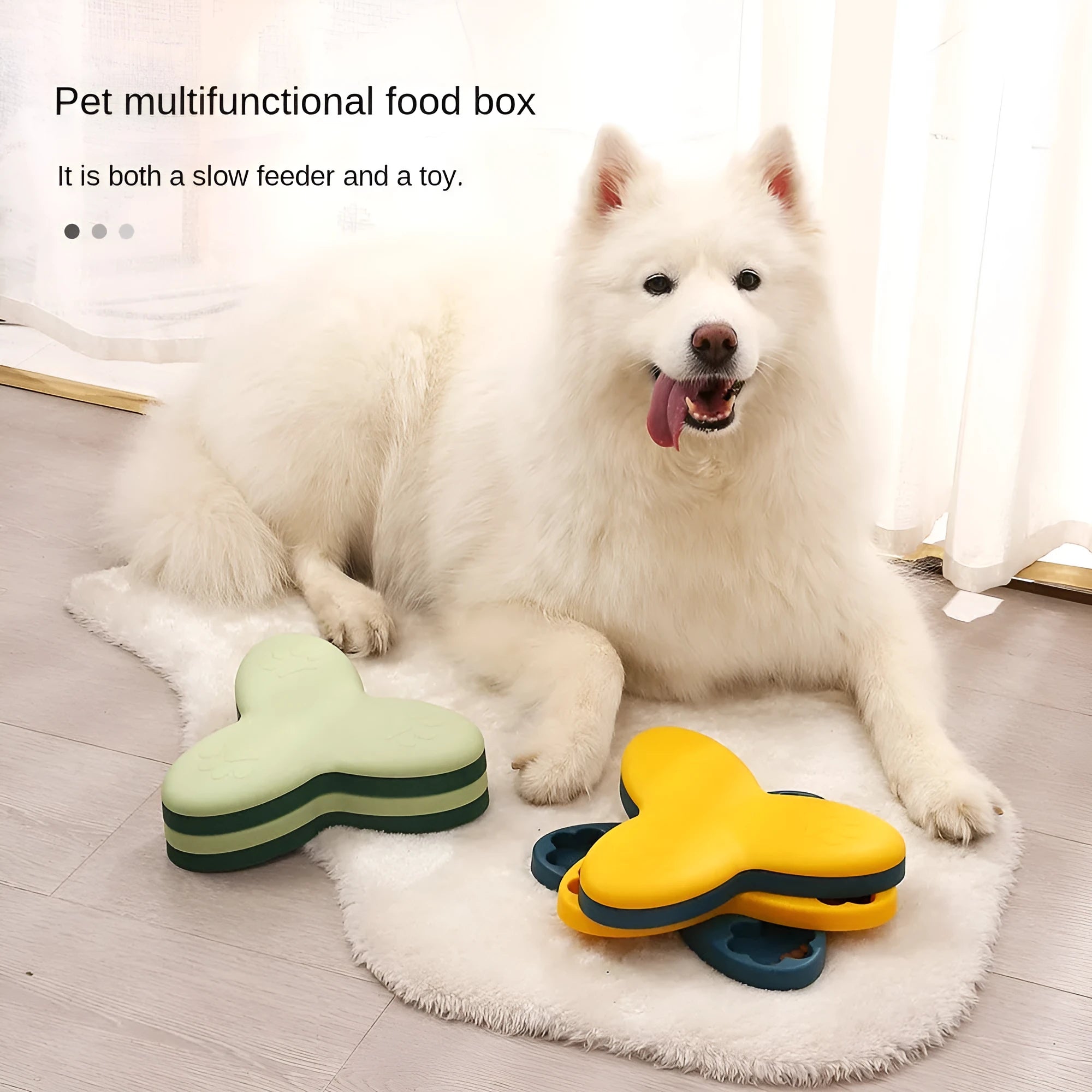 Green and yellow interactive dog puzzle toy slow feeder bowl with nine bone-covered compartments.
