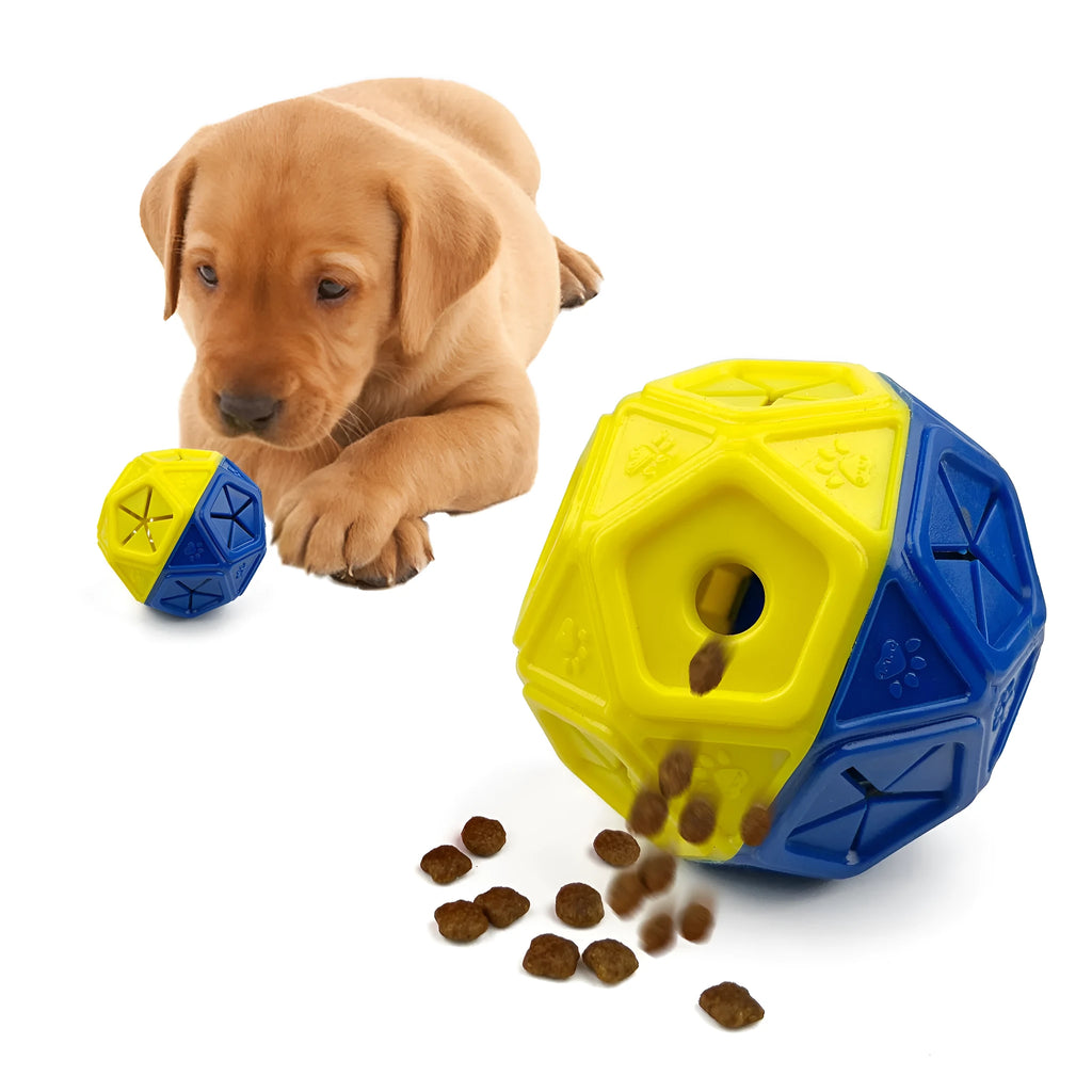 Blue and red hollow dog puzzle ball for treat dispensing and interactive play