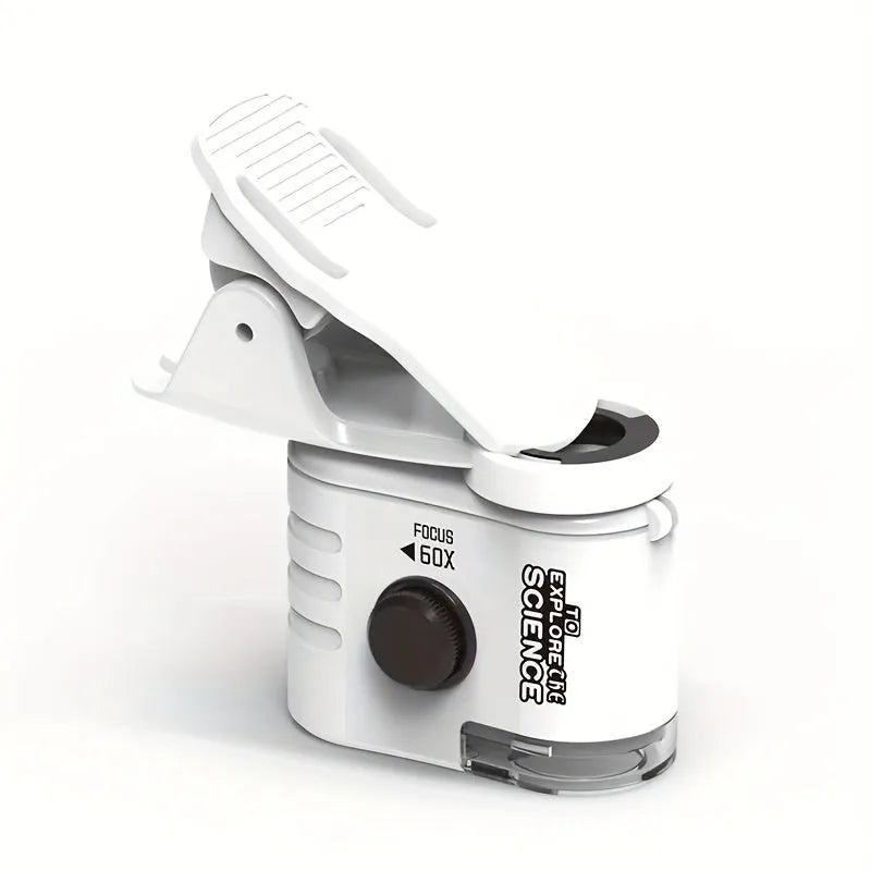 Mini 60x magnification mobile phone microscope with LED light and detachable phone clip on a white background.