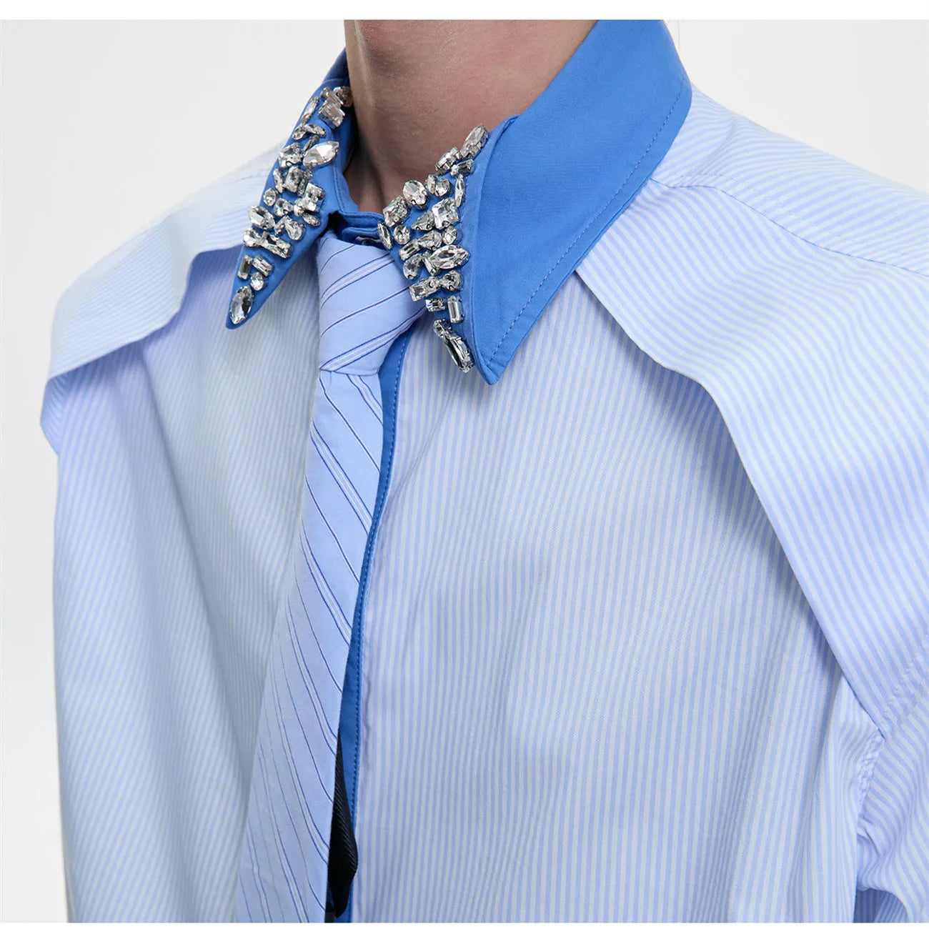 Men's blue and white patchwork striped shirt with diamond tie detail and quilted construction