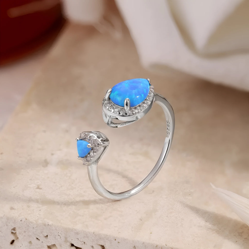 S925 sterling silver adjustable open mouth ring with blue drop-shaped fat triangle opal design geometric style