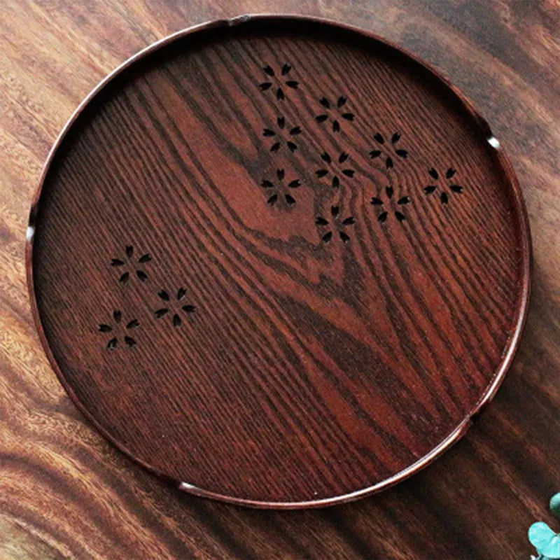 Wooden round plate with hollow sakura cherry blossom pattern, shallow 2cm depth.