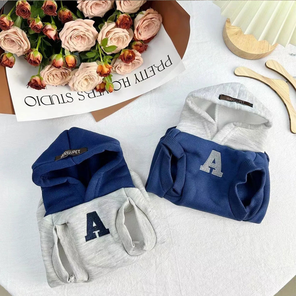 Blue and white reflective letter pet hoodie for cats and dogs in slim-fitting polyester