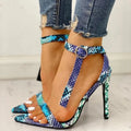 Blue women's high heel shoes with buckle fastening and hollow-out design on artificial PU leather upper