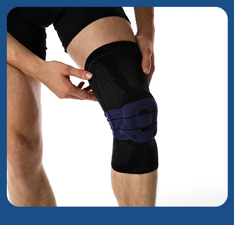 Adult sports knee pads in black and blue, made from nylon and spandex fabric.