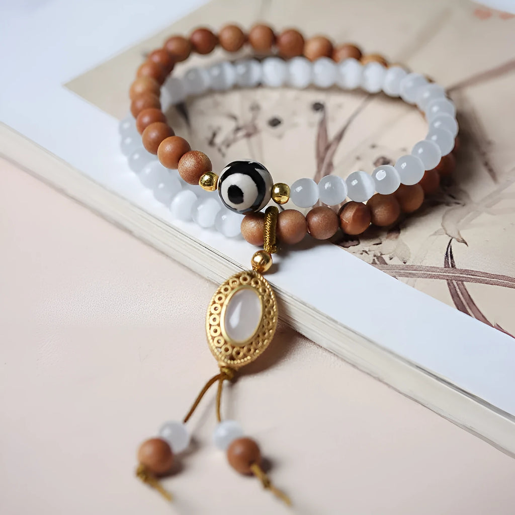 Mixed material bracelet with sandalwood double ring opal Tibetan beads and polished finish