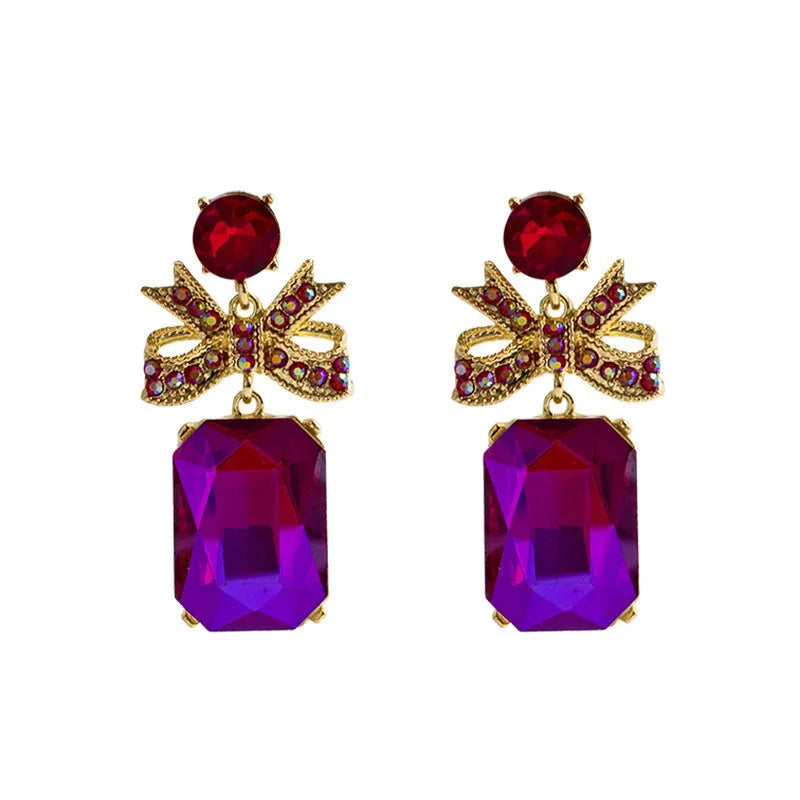 Crystal bow heart earrings for women in zinc alloy, retro style, shown in red, blue, white, and pink