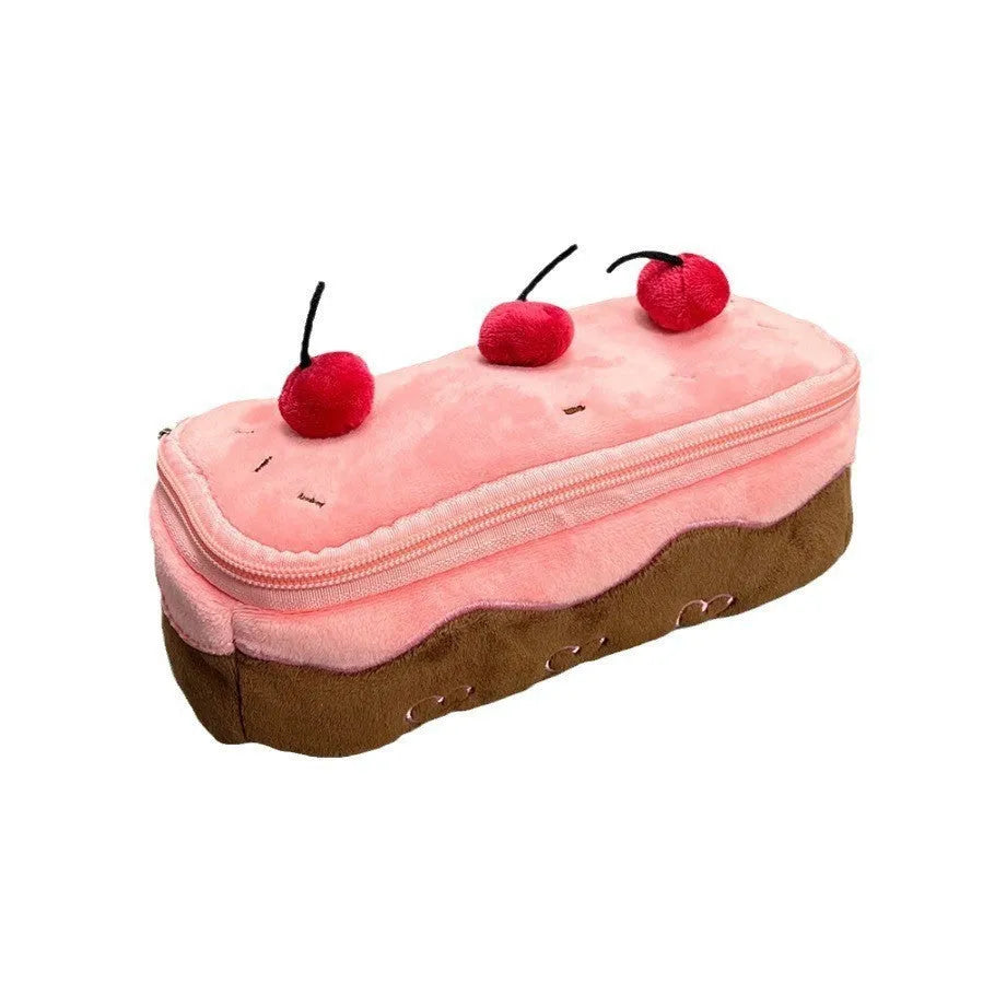 Cherry Cake pink and cream velvet pencil bag with plush Korean-style design