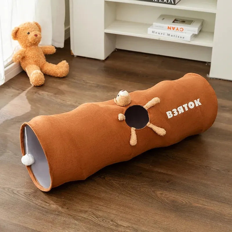 Collapsible cat tunnel with plush ball toy in brown or grey colour options