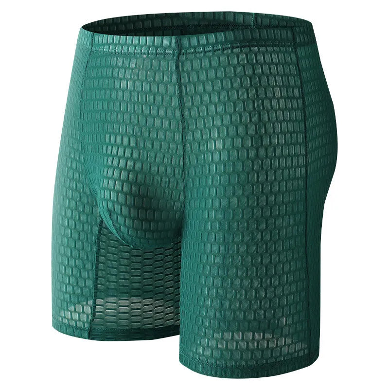 Men's solid colour lace boxer shorts with a hip lifting shaping design