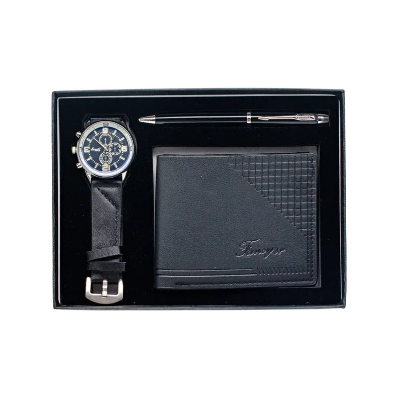 Creative holiday gift set showing a brown wallet, pen, and watch presented in an elegant paper gift box.