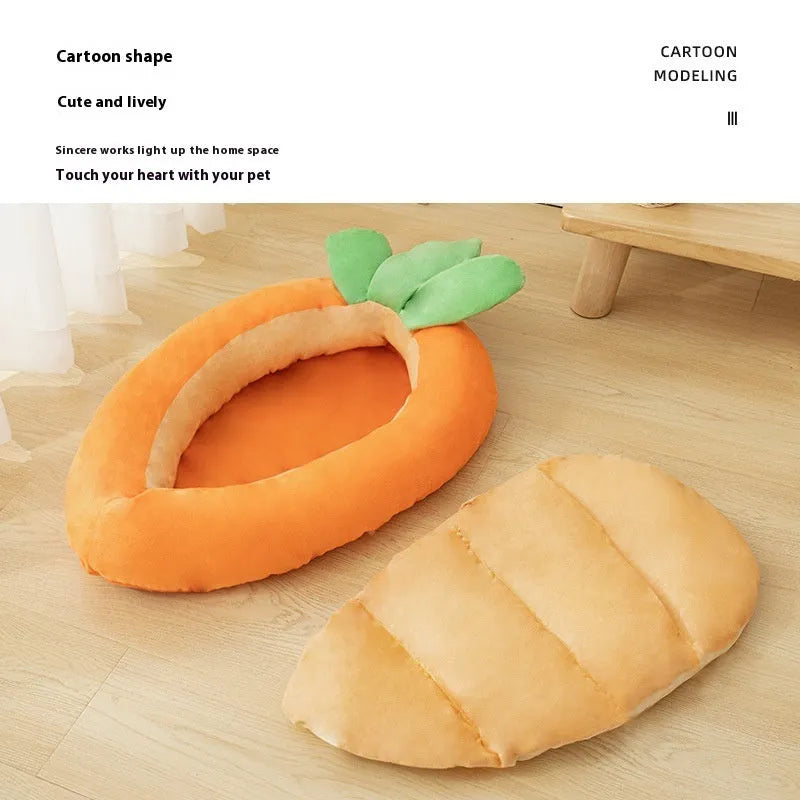Carrot-patterned double-sided dog mattress with a removable zip-off cloth cover.