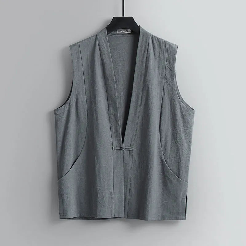 Men's loose-fitting sleeveless linen vest in solid colour for summer wear