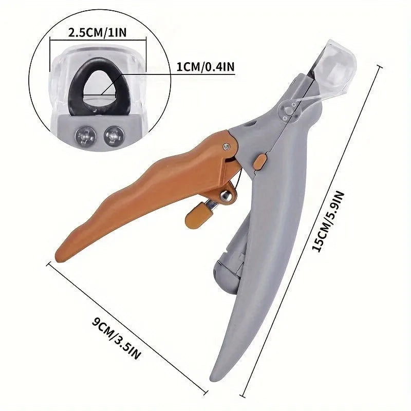 Yellow LED pet nail trimmer with magnifying glass, showing steel blades and on/off switch.