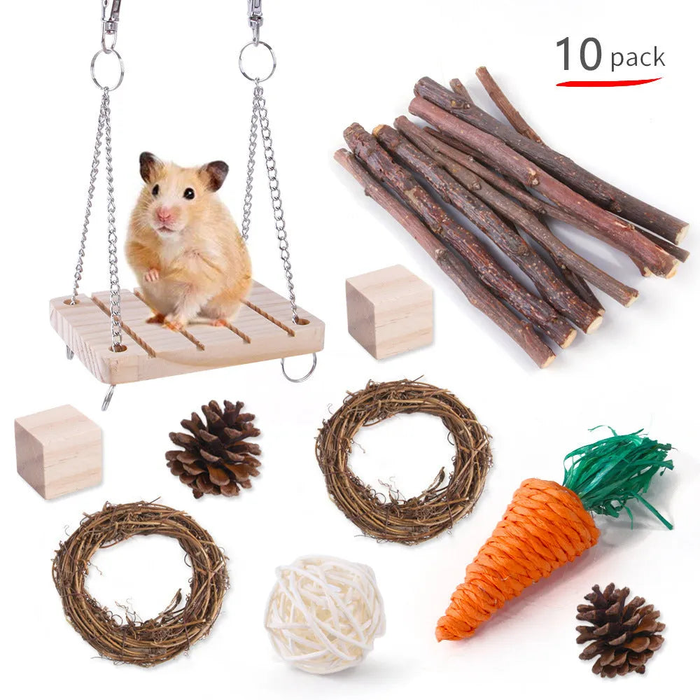 Assortment of natural wooden and woven grass chew toys for small pets like rabbits and guinea pigs