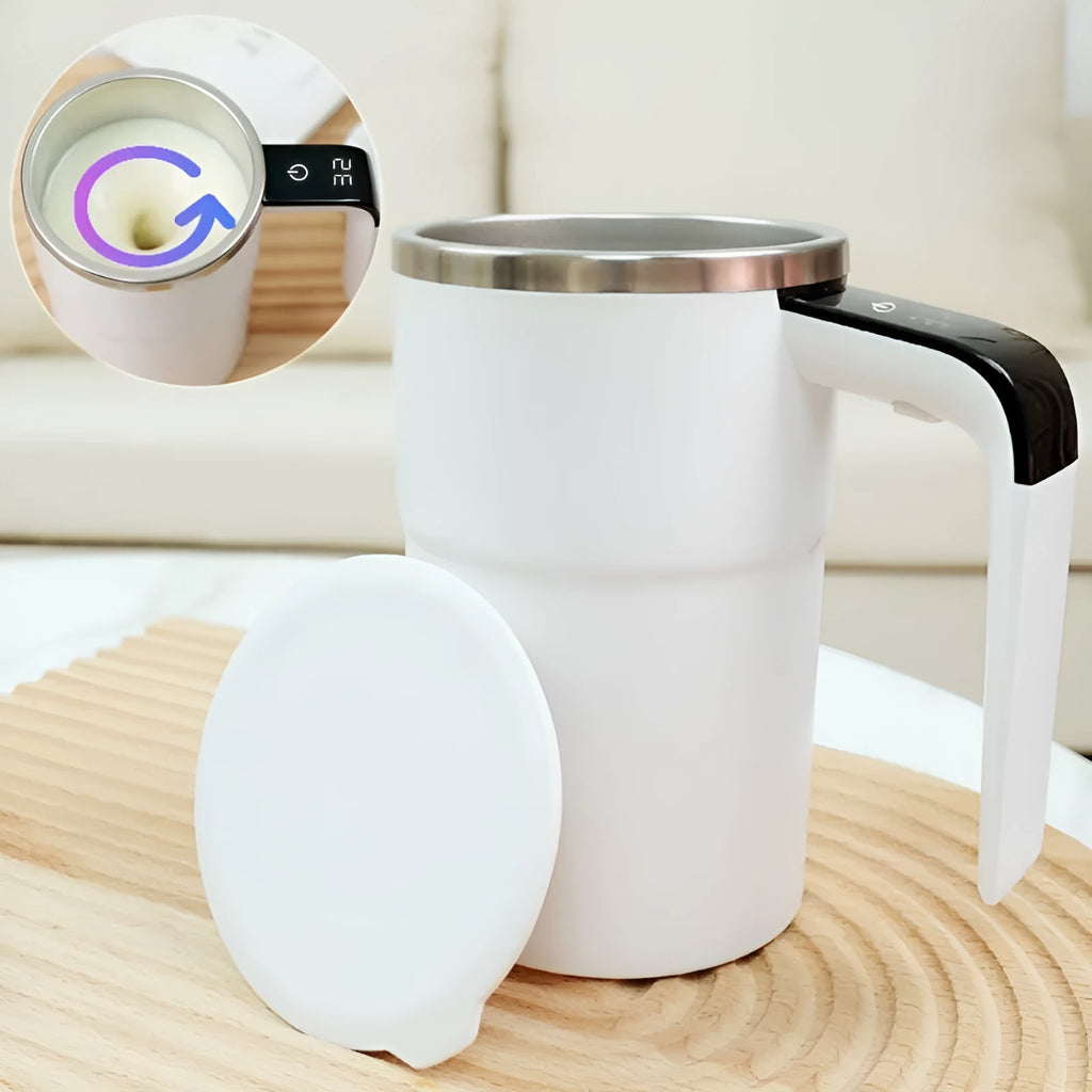 Electric magnetic stirring mug 380ml with USB rechargeable battery, LCD temperature display, black or white, stainless steel interior
