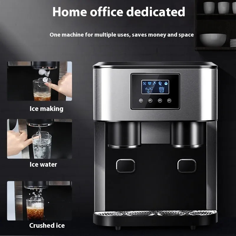 Black desktop ice making machine with ice crushing and cold water dispensing functions on countertop