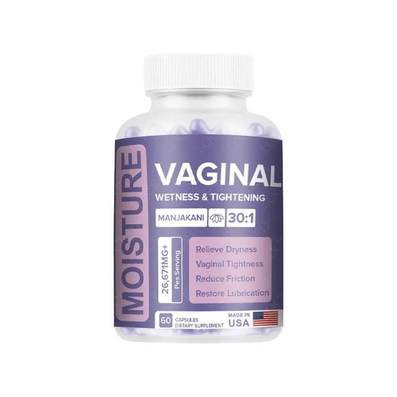 Bottle containing 60 vaginal capsules with herbal extraction formula for adult women's intimate wellness