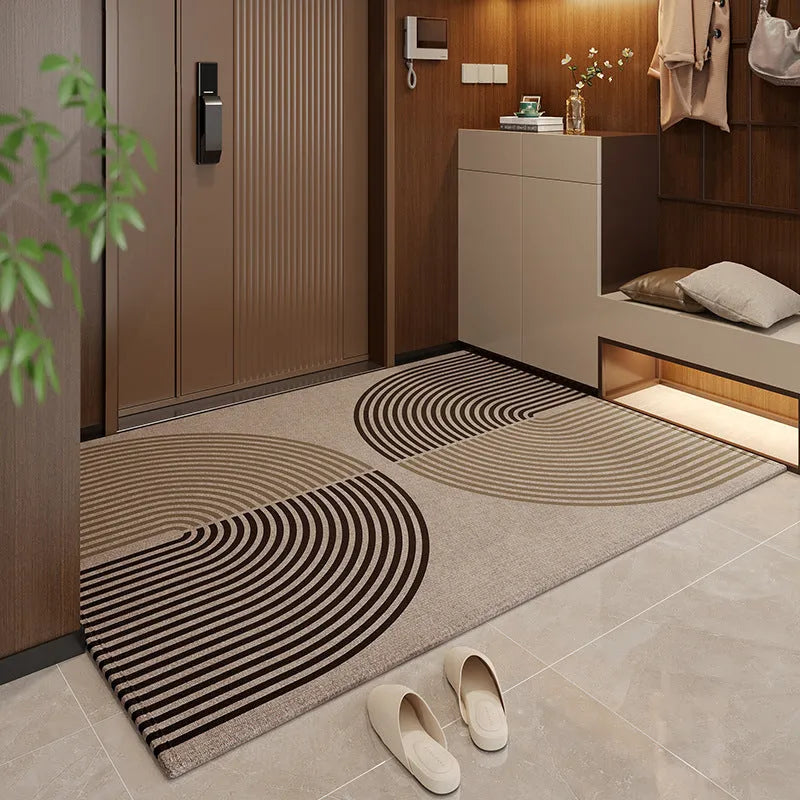 Polyester entrance door mat with geometric pattern and non-slip backing, available in multiple sizes and colours