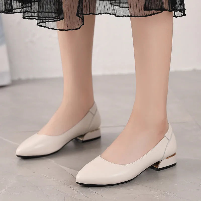 Beige low top casual shoes with pointed toe, buckle fastening, and a thick flat heel.