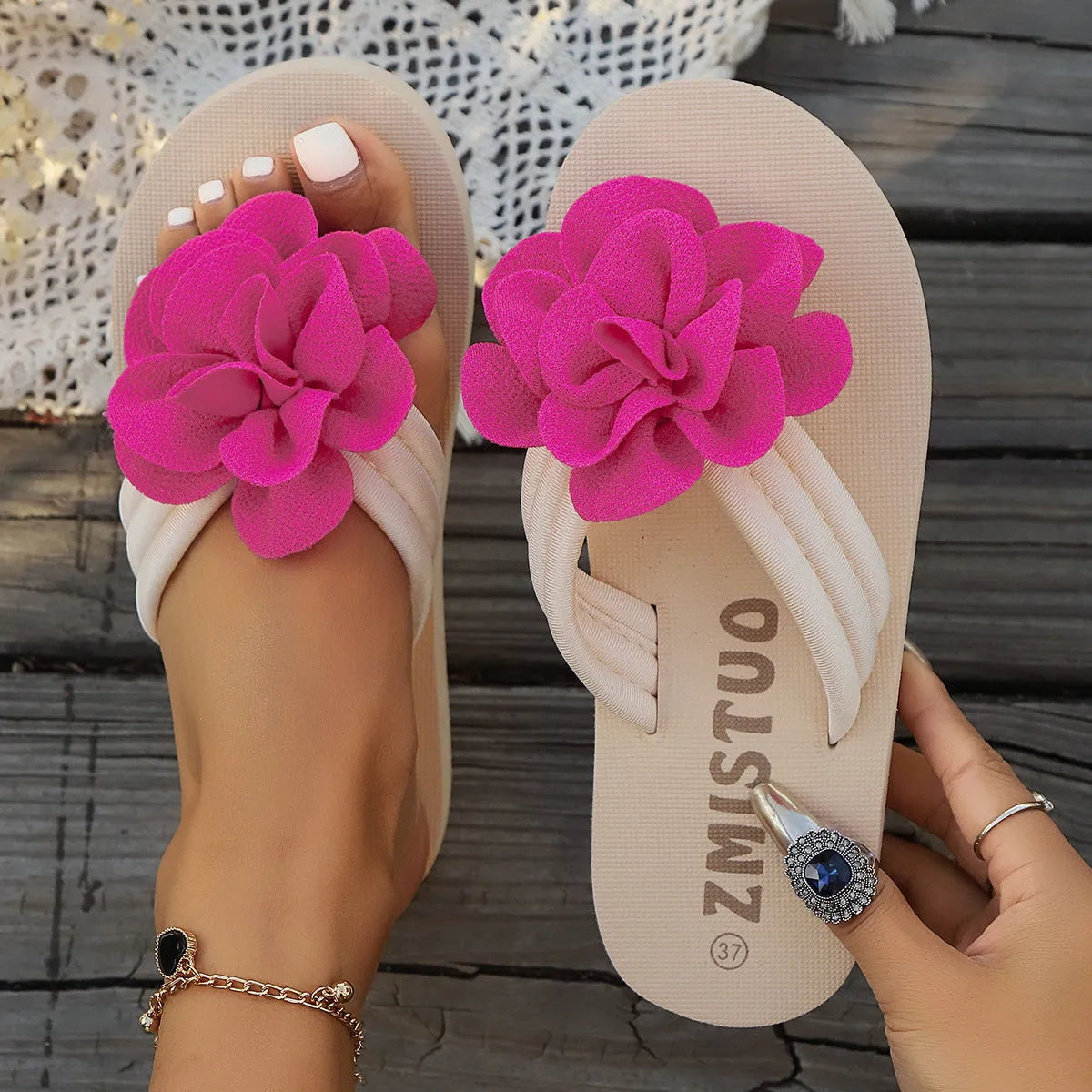 Plus size women's PU leather flip-flop slippers with floral detail, shown in beige, green, and rose red.