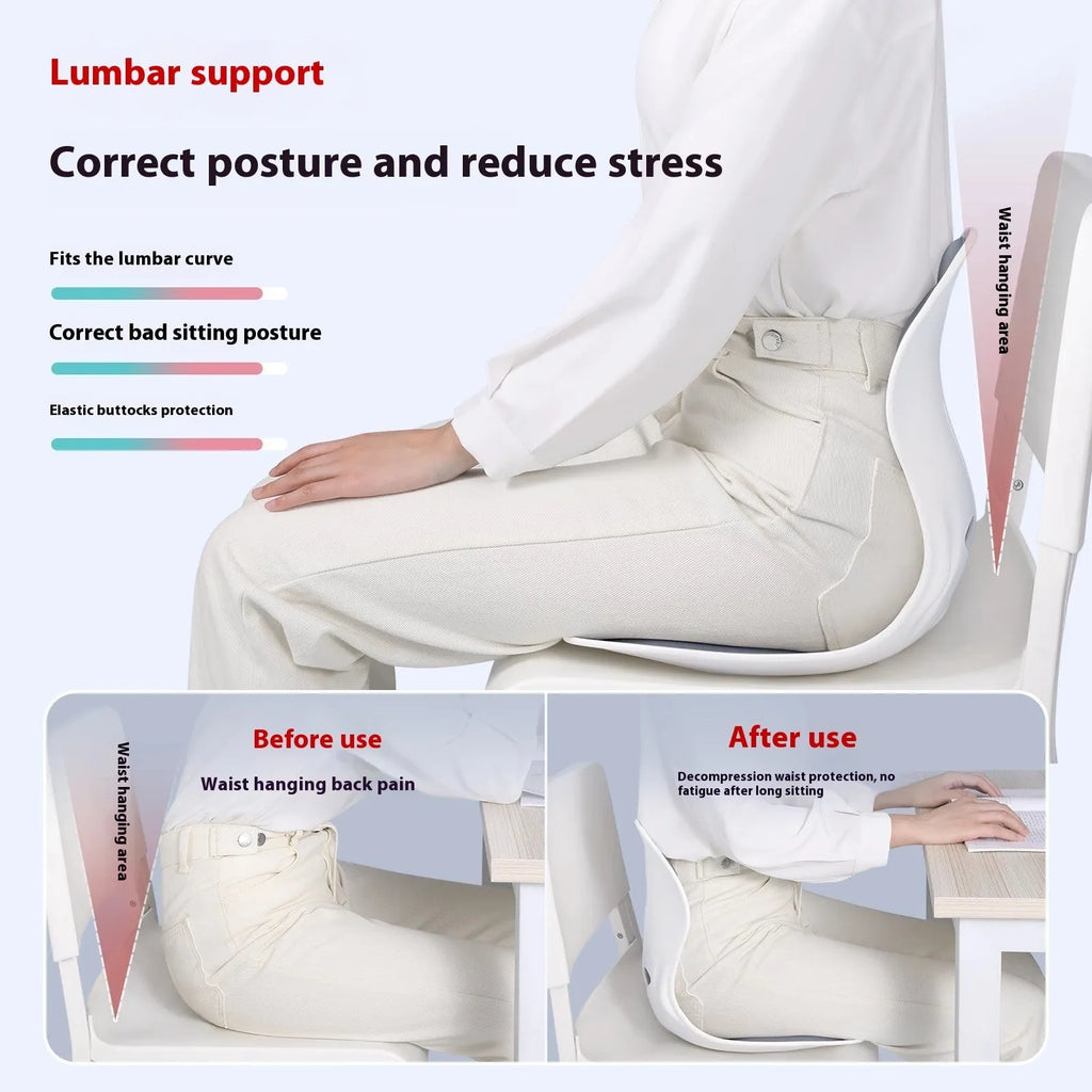 Grey and black lumbar support cushion for office chair and car seat use.