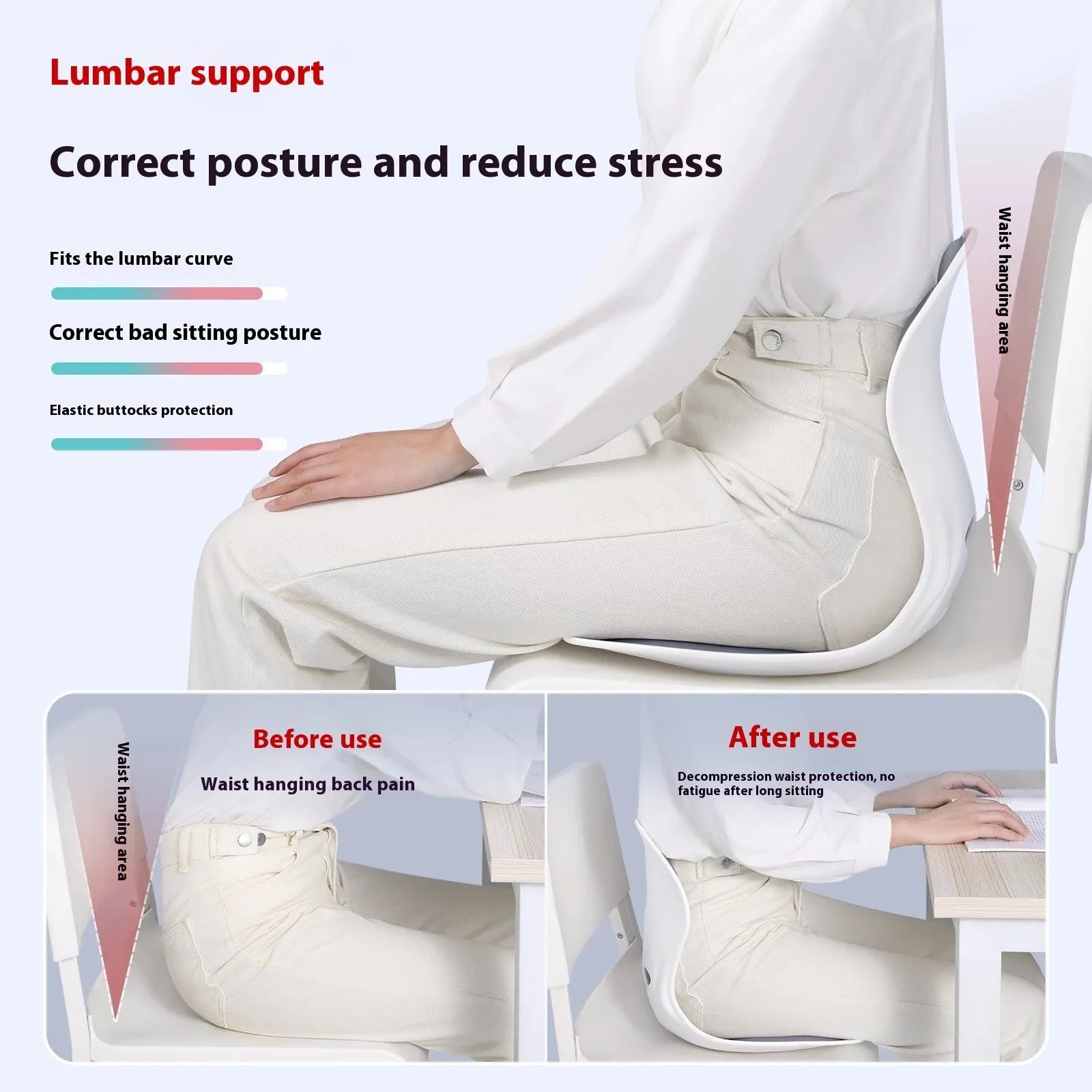 Grey and black lumbar support cushion for office chair and car seat use.