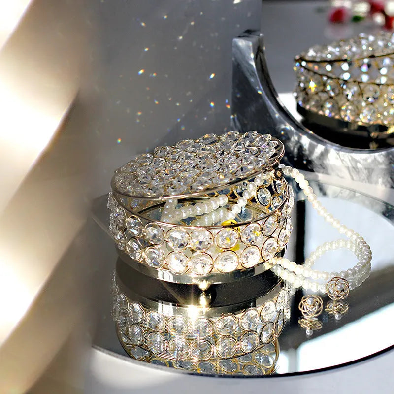 European-style French gold iron jewelry box with a transparent crystal glass lid.