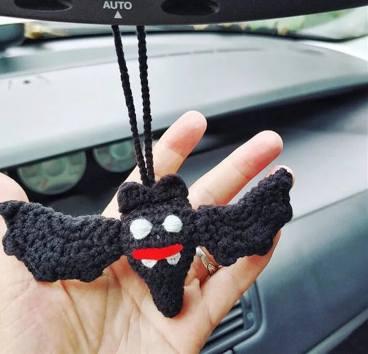 Polyester plush hand-woven cartoon automobile hanging ornament showing Halloween bat and ghost designs.