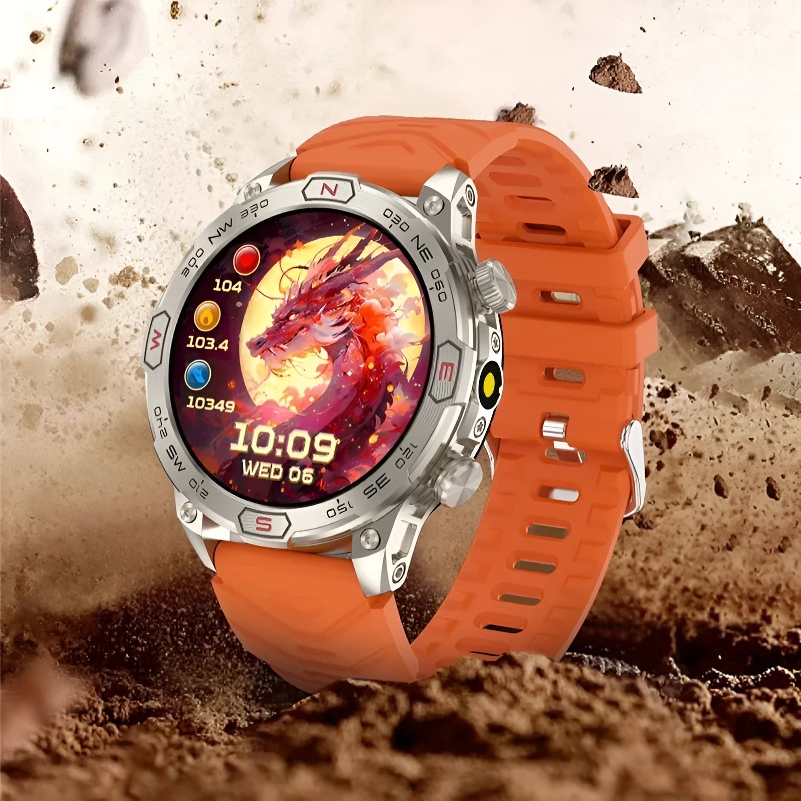 Sports smartwatch with AMOLED display on a silicone strap, showing a fitness tracking interface.