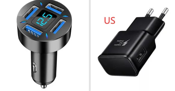 Black four-port USB car charger with LED voltage display plugged into a car socket.