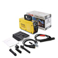 MMA-200MIN compact 220 volt DC inverter stick welding machine with electrode holder and face shield on a workbench.
