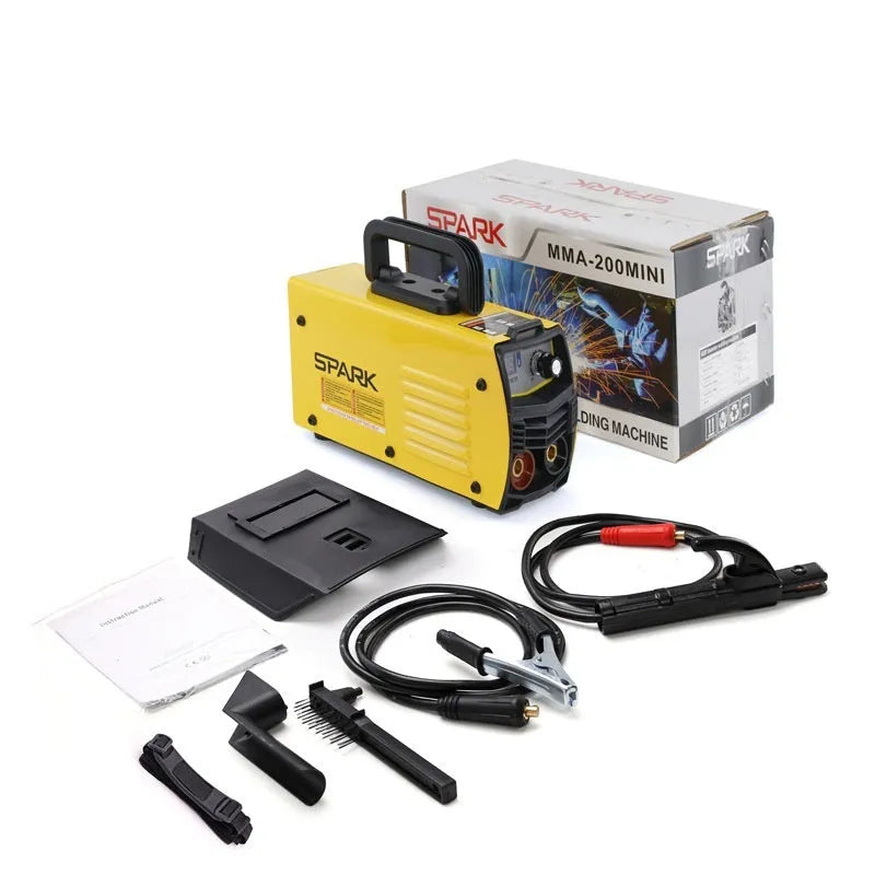 MMA-200MIN compact 220 volt DC inverter stick welding machine with electrode holder and face shield on a workbench.