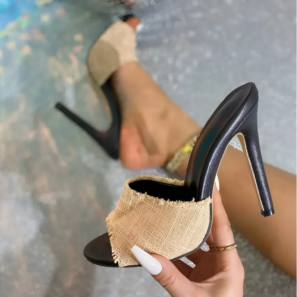 Apricot coloured women's stiletto heel sandals with separate toe design and sheepskin fur upper