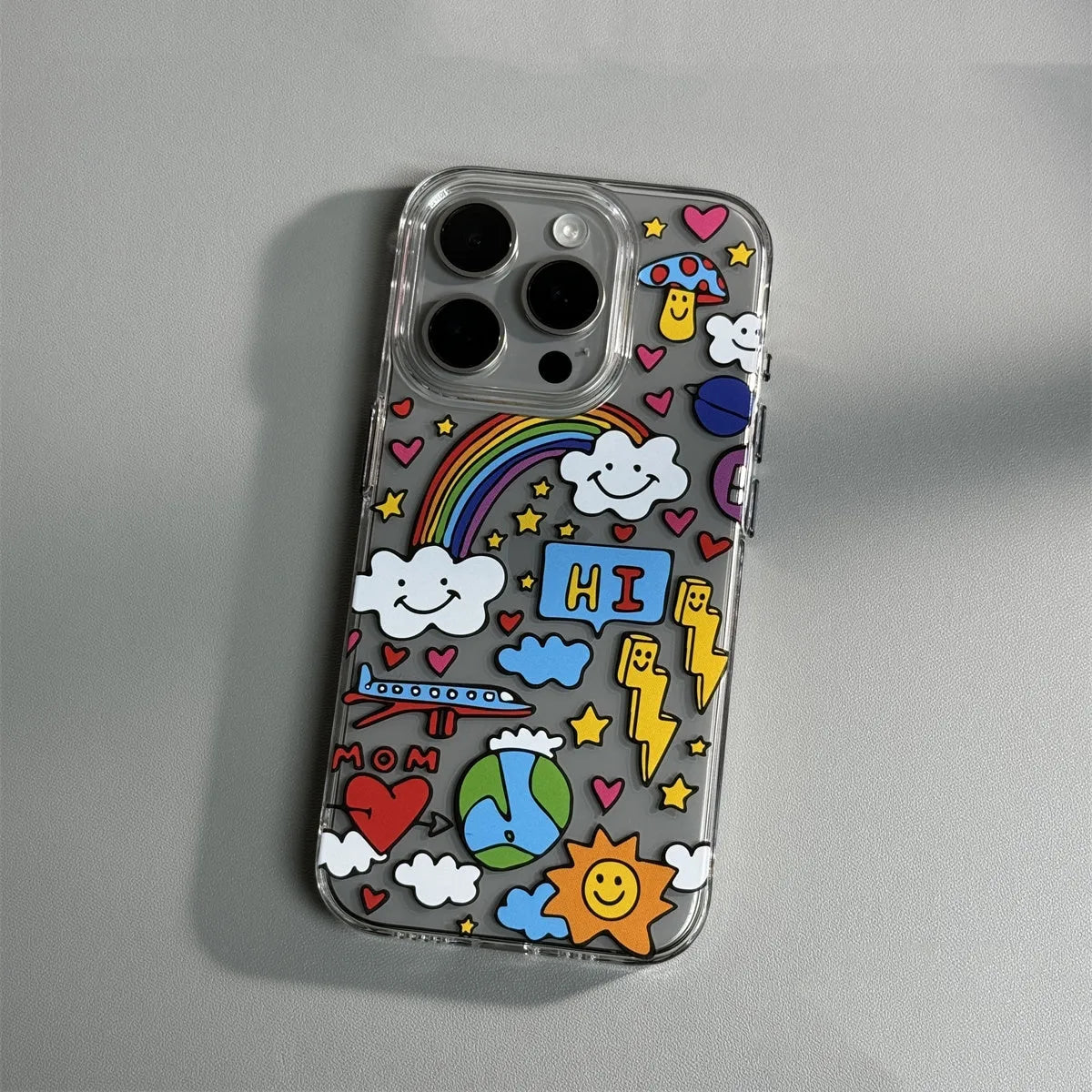 Cartoon transparent soft shell PC phone case for iPhone 15 Pro Max with graffiti print anti-drop protection