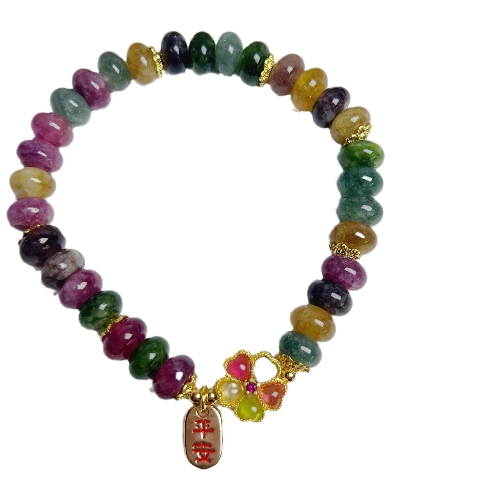 Colorful tourmaline abacus beads crystal stretch bracelet for women on a white background