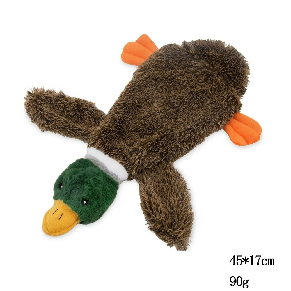 Green stuffless squeaky duck dog toy with bottle cavity for indoor play with dogs